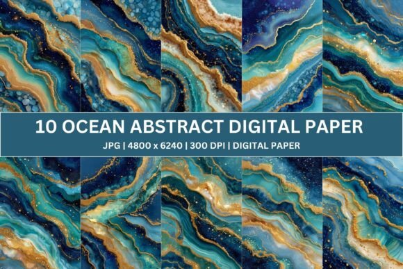 10 Ocean Gold Geode Marble Digital Paper Guide