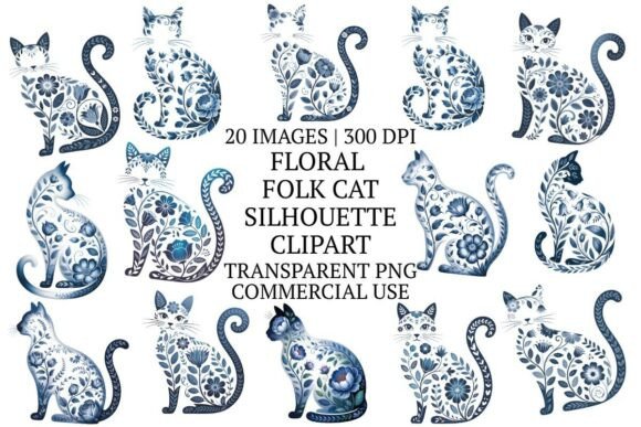 Integrating 20 Floral Folk Cat Silhouette Clipart into Professional Creative Workflows