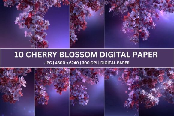 Nocturnal Violet Sakura: Midnight Floral Digital Paper