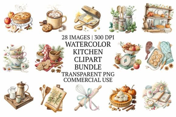 Watercolor Kitchen Clipart Bundle 28 PNG for Creators
