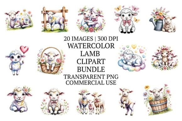 Whimsical Watercolor Lamb Clipart: 20 High-Res Designs